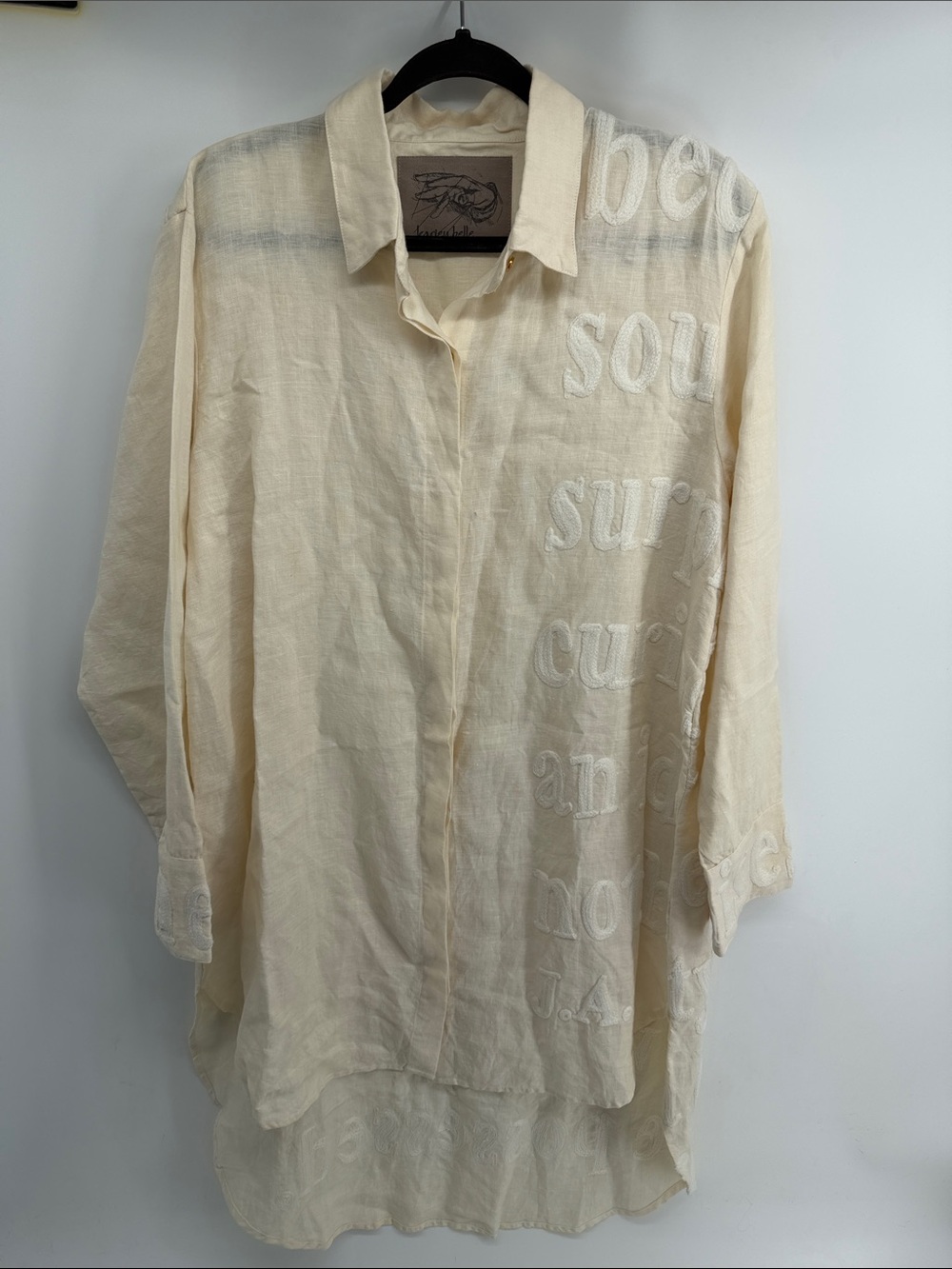 Karien Belle 100% linen embroider long sleeve button up hi low tunic dress NWOT - Picture 1 of 8
